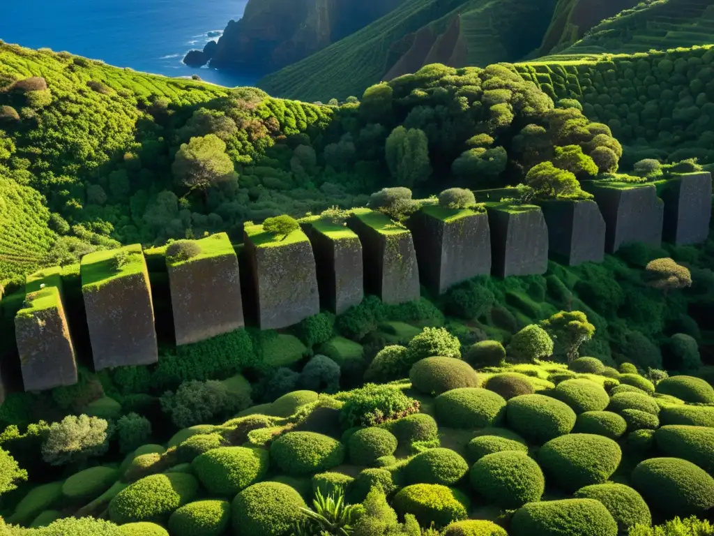 Megalitos ancestrales de Madeira: Misterio y grandeza Vista detallada de las antiguas estructuras megalíticas en las islas Madeira, entre la naturaleza exuberante y la atmósfera misteriosa