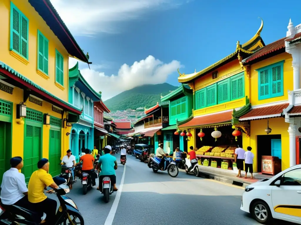 Vida cotidiana en la colorida George Town, Penang Vista detallada de la bulliciosa calle en George Town, Penang, Malasia, con una mezcla vibrante de culturas y arquitectura colonial colorida