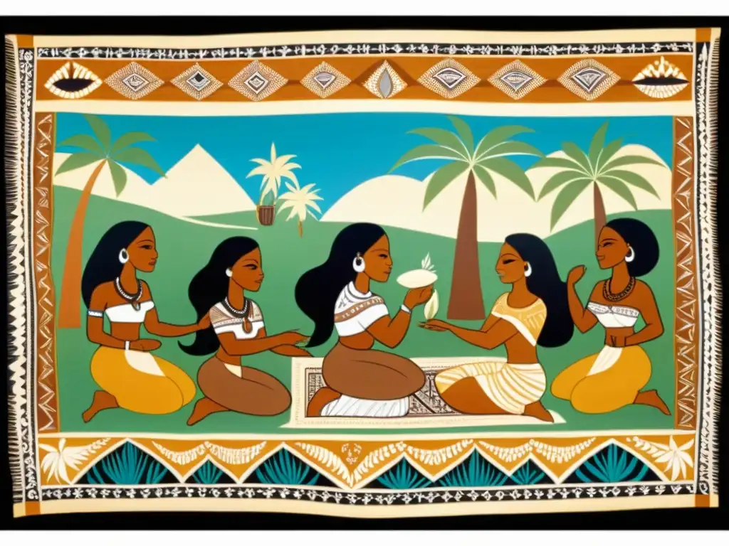 Pintura de tapa con mujeres, flora tropical y aldeas melanesias Vista detallada de un tapa cloth que representa mujeres melanesias en actividades tradicionales, rodeadas de flora y fauna vibrante