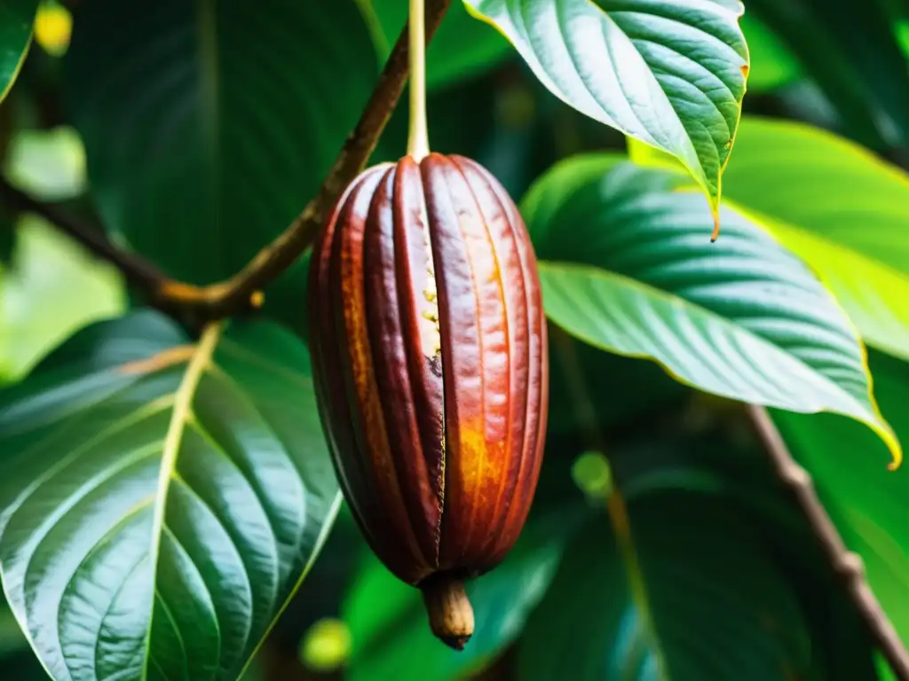 Una vista detallada y ultra definida de una vaina de cacao en una plantación exuberante en la Isla de São Tomé