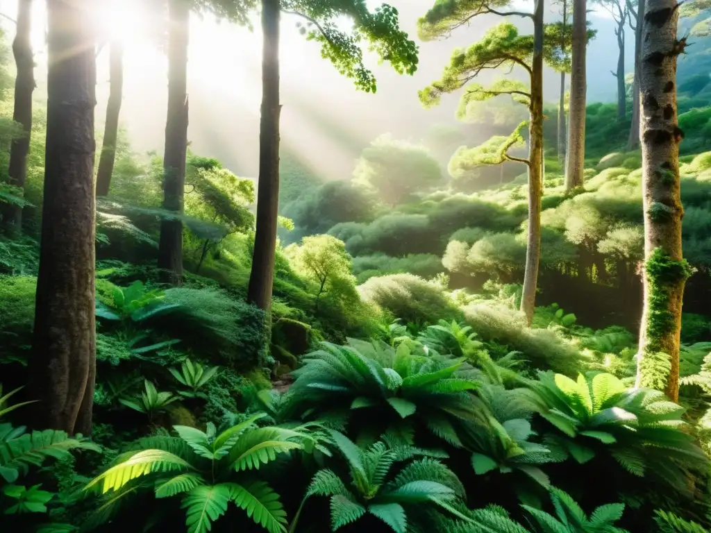 Biodiversidad y medicina herbal en Corsica: un bosque exuberante y curativo Vista documental de un exuberante bosque en Córcega, con hierbas medicinales nativas, transmitiendo la rica tradición medicinal de hierbas en Córcega