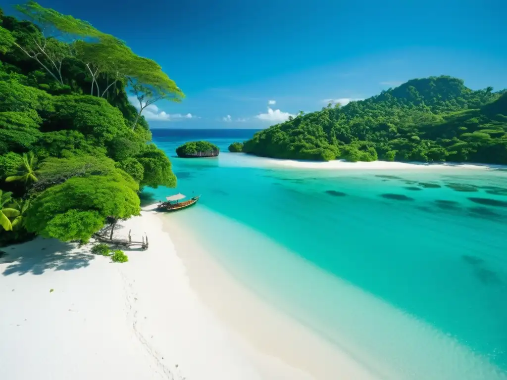 Paraíso tropical: selva exuberante y playa turquesa en Indonesia Vista idílica de playa remota en Indonesia, con selva exuberante y aguas turquesas
