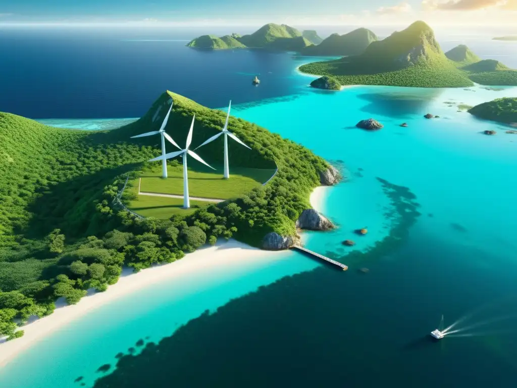 Isla remota: energía sostenible en armonía Vista impactante de isla remota con energía sostenible, paneles solares y turbinas eólicas