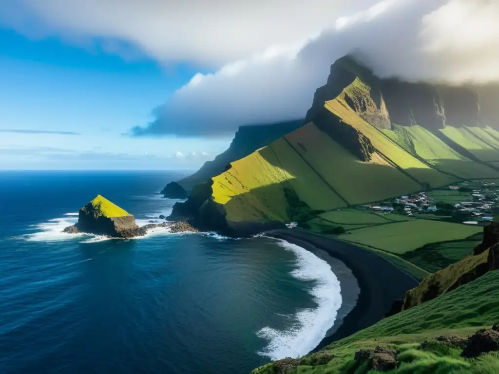 Acantilados y belleza salvaje en Tristan da Cunha Vista impresionante de la escarpada costa de Tristan da Cunha, con olas rompientes y asentamiento junto al mar