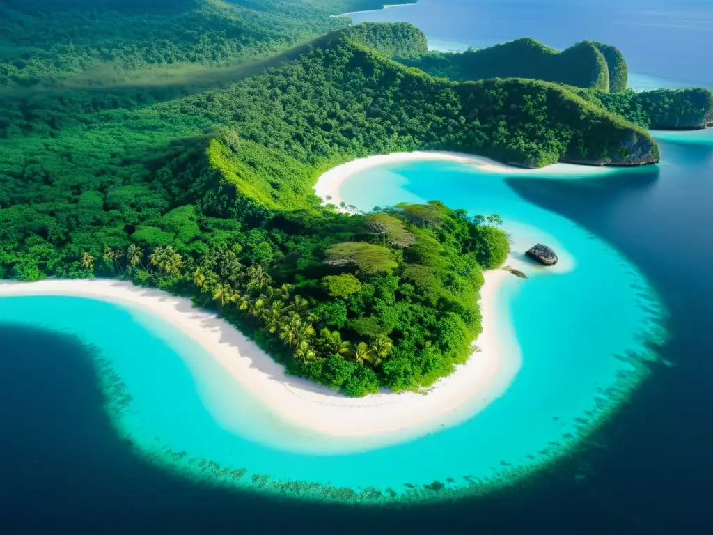 Exploración en la isla remota: ruinas antiguas y exuberante naturaleza Vista impresionante de una isla remota, con exuberante vegetación, aguas cristalinas y un sendero solitario que se adentra en la densa jungla