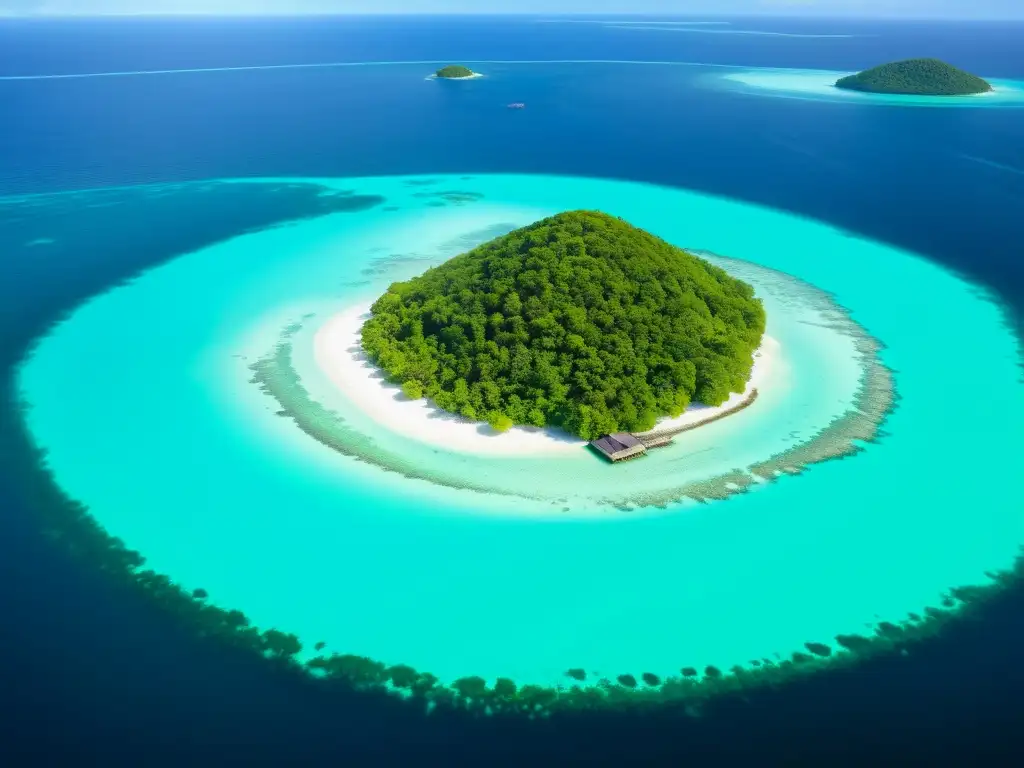 Isla remota: Tradición y naturaleza en armonía Vista impresionante de una isla remota, con aguas turquesas, vegetación exuberante y actividades culturales