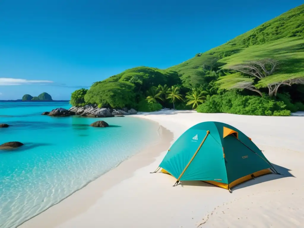 Equipo de supervivencia en paraíso remoto Vista impresionante de una playa remota con equipamiento duradero