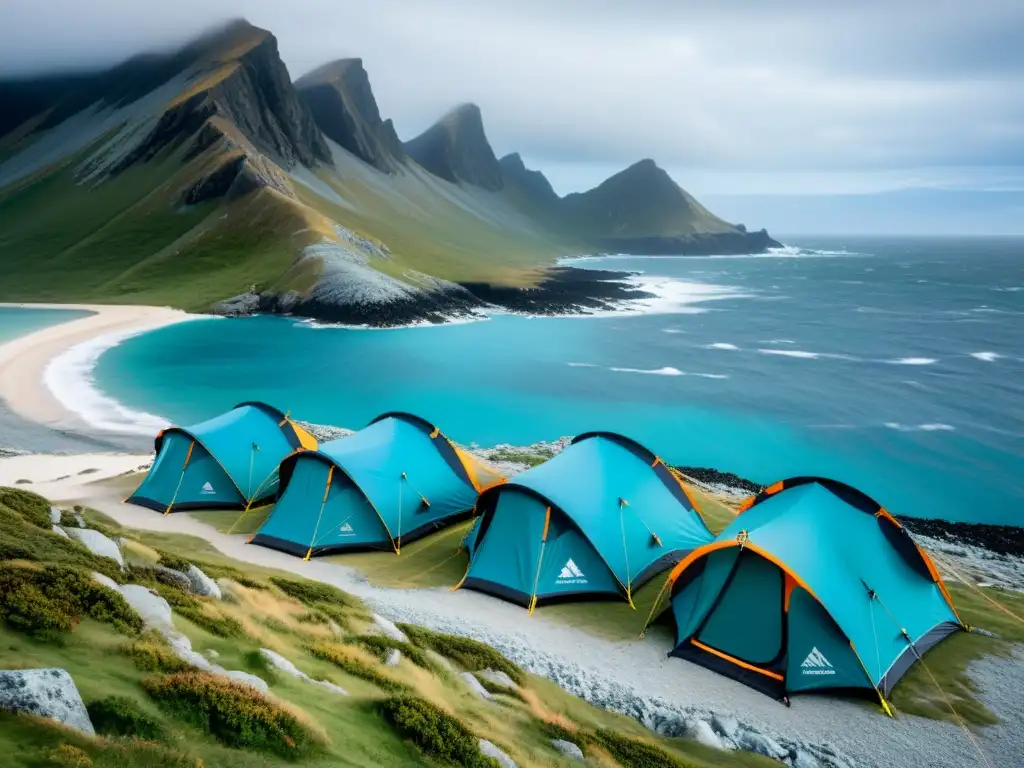 Vista impresionante de resistentes carpas en una costa ventosa y agreste, mostrando su capacidad para resistir el viento y el agua