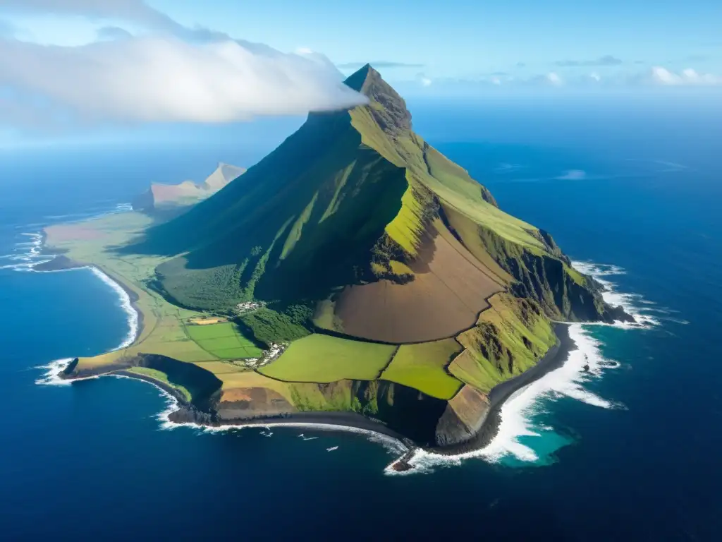 Tristan da Cunha: belleza volcánica y vida silvestre Vista impresionante de la vida en la isla remota Tristan da Cunha, con acantilados, vegetación exuberante y el océano