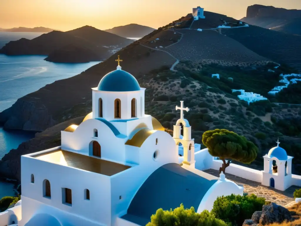 Monasterio de San Juan en Patmos: atardecer dorado Vista del Monasterio de San Juan el Teólogo en la isla griega de Patmos, con su arquitectura en islas sagradas y vistas al mar Egeo al atardecer