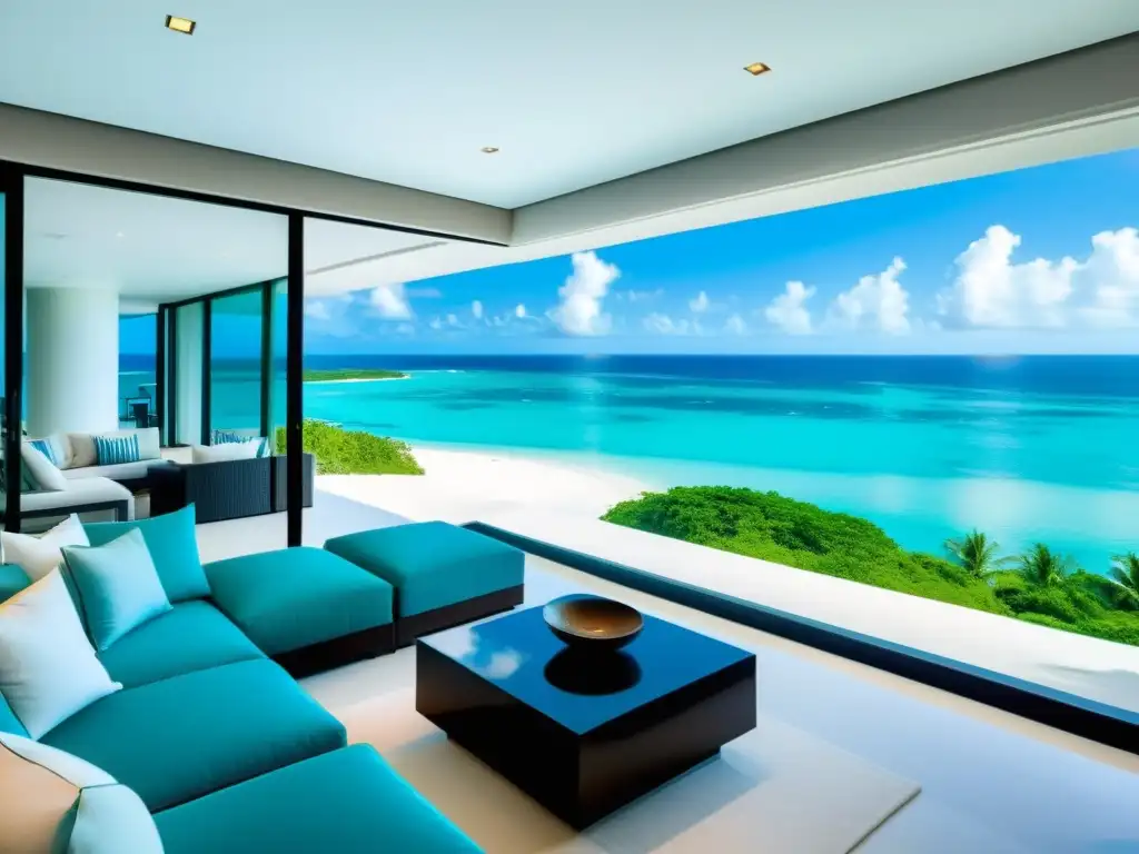 Apartamento de lujo con vistas al mar y decoración contemporánea Vista panorámica de apartamentos de lujo en islas remotas con decoración contemporánea y vistas al mar turquesa y la playa blanca