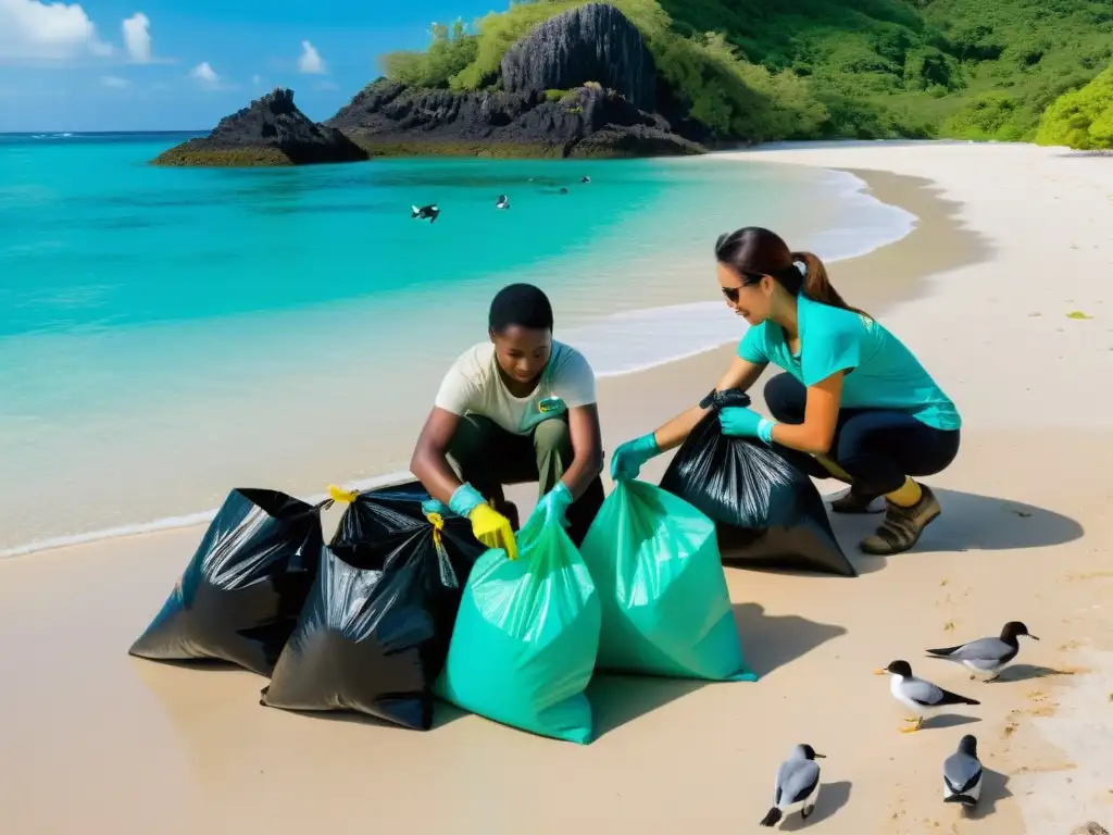 Voluntarios limpiando playa remota: impacto y belleza natural Voluntariado en Islas remotas: Trabajo en equipo para limpiar una playa remota, protegiendo su belleza natural