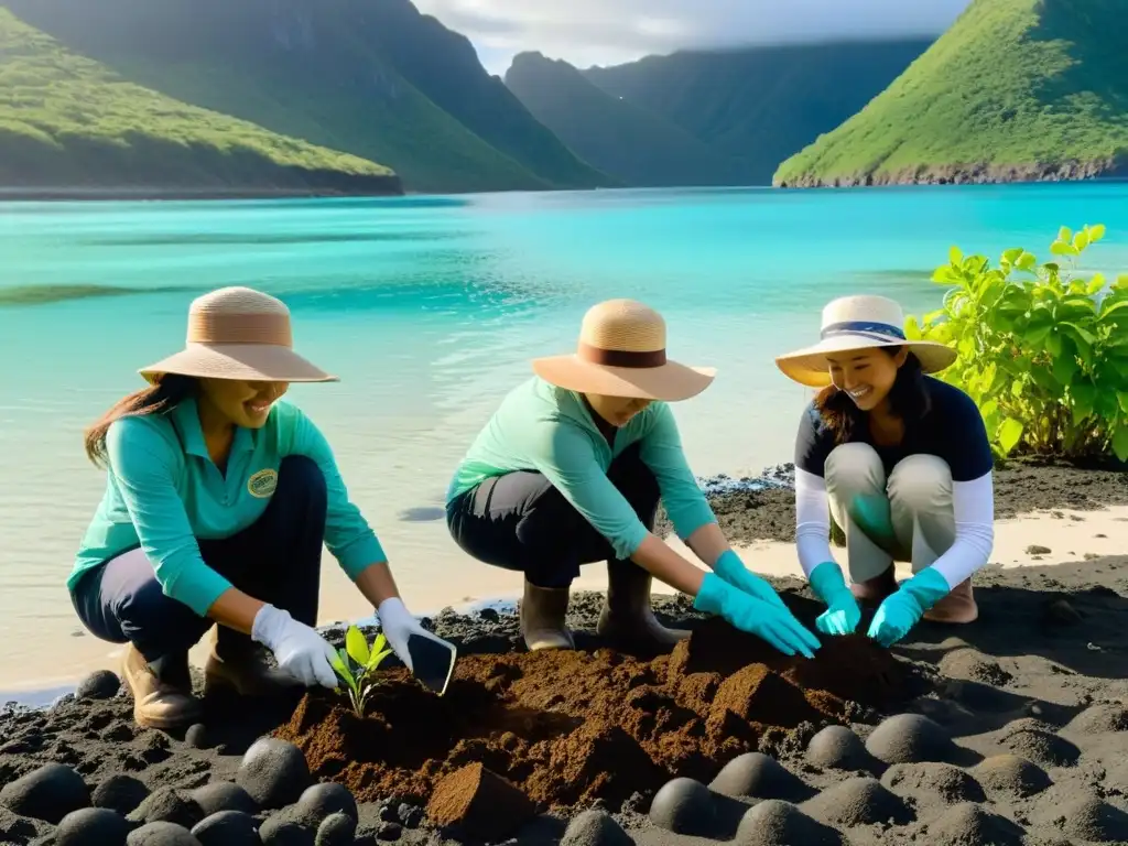 Reforestación en Isla Remota: Voluntarios Protegiendo la Naturaleza Voluntarios plantando árboles nativos en una isla remota