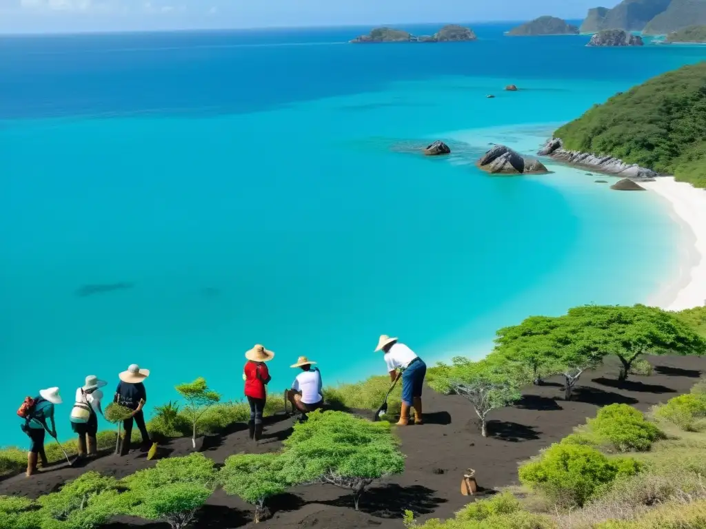 Reforestación en Isla Remota: Conservación y Belleza Natural Voluntarios plantando árboles nativos en una isla remota, rodeados de aguas turquesa y exuberante vegetación