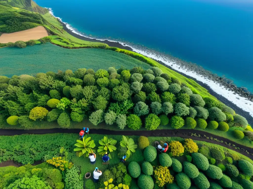 Reforestación comunitaria en las Azores: unión por la naturaleza Voluntarios restaurando ecosistemas en las Islas Azores, plantando árboles nativos junto al mar