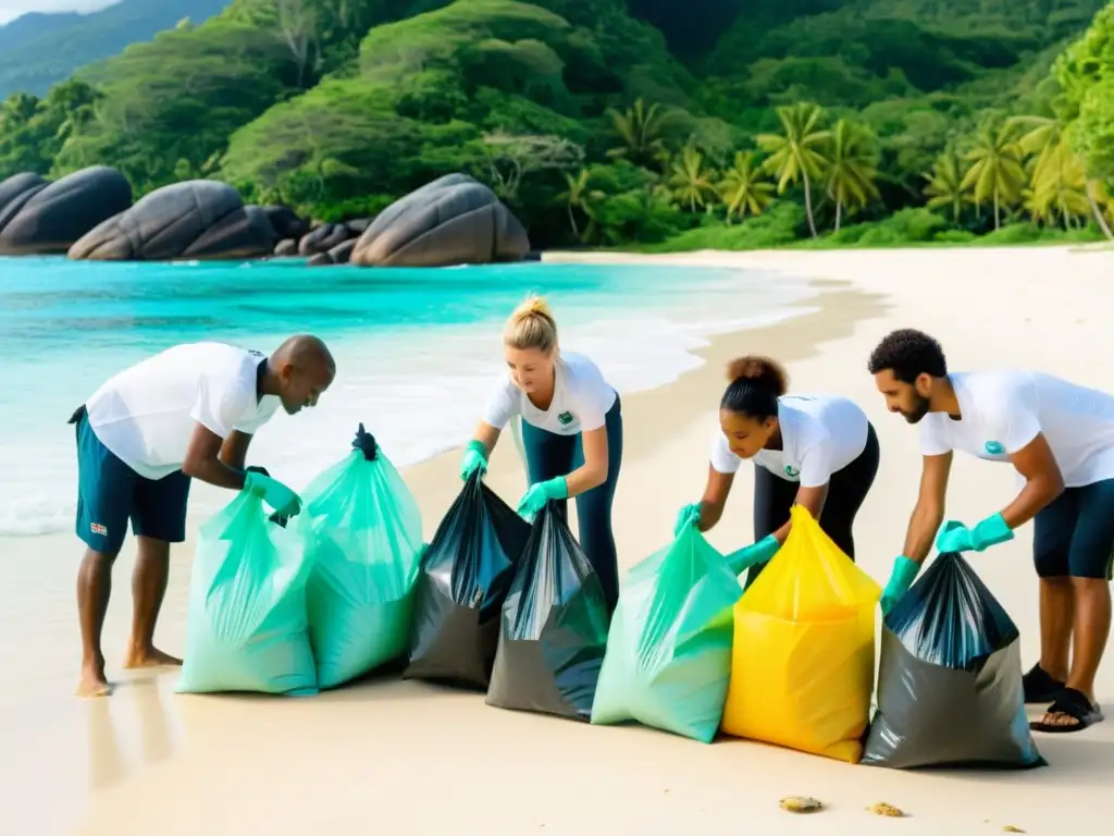 Limpieza voluntaria en playa paradisíaca de Seychelles Voluntarios limpiando una playa en Islas Seychelles, promoviendo el turismo responsable y conservación del entorno natural