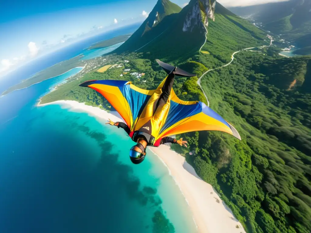 Vuelo en wingsuit sobre isla tropical Vuelo en wingsuit sobre islas remotas: Un wingsuiter surcando el cielo azul sobre una isla tropical exuberante y el océano cristalino